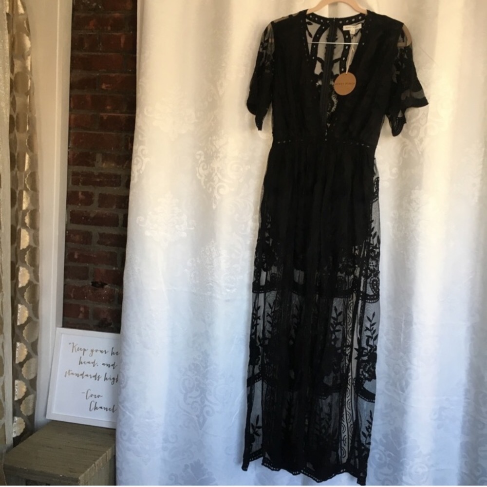 🆕 Honey Punch Black Lace Romper Maxi Dress - Picture 7 of 8